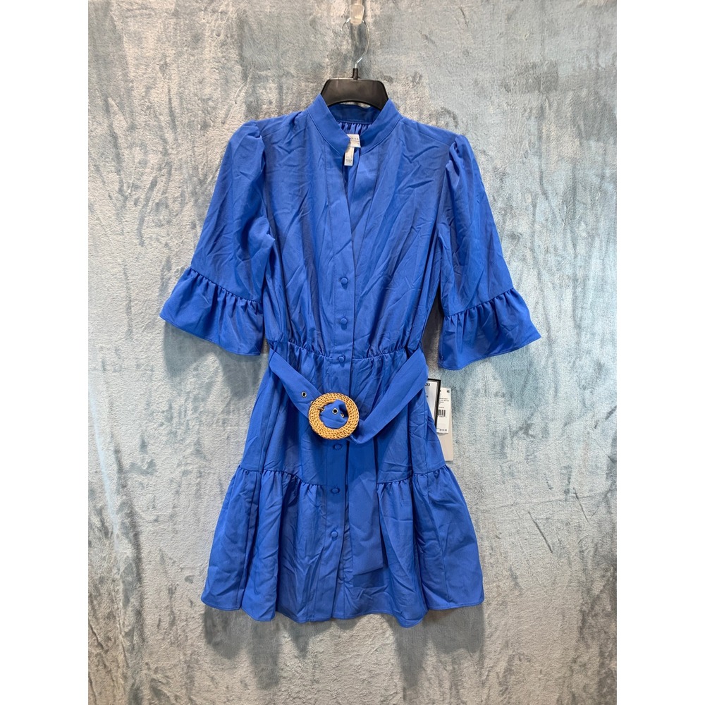 Adrianna Papell Cool Water Blue Ruffle Sleeve Tiered Belted Shirt Dress 2 NEW